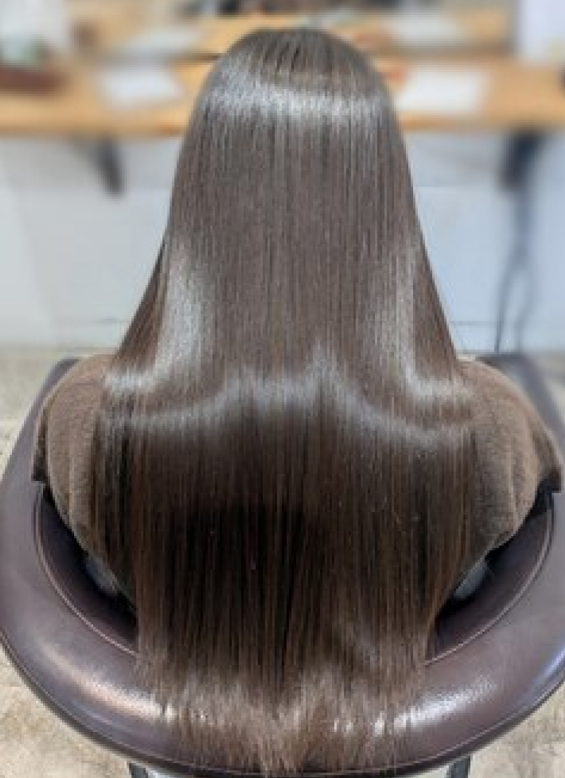 ツヤのある黒髪のロングストレートヘア（後ろ姿）